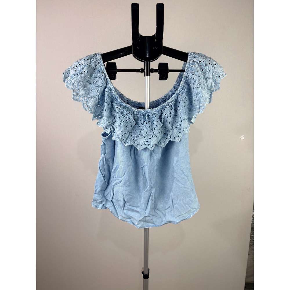 Sim & Sam Light Blue Eyelet Lace Ruffle Off Shoulder Rayon Top XL RN 145239
